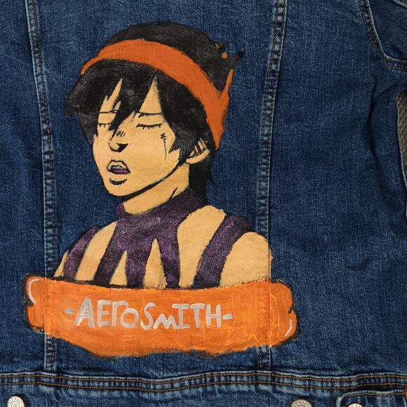 Old Navy Custom Jean Jacket Women's Medium Blue "Aerosmith" Hand Painted Cropped - Picture 8 of 13